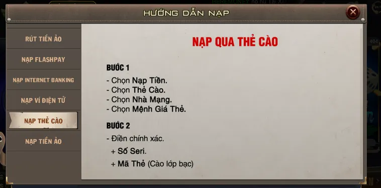 Hướng dẫn nạp tiền qua thẻ cào tại cổng game B52 Club.
