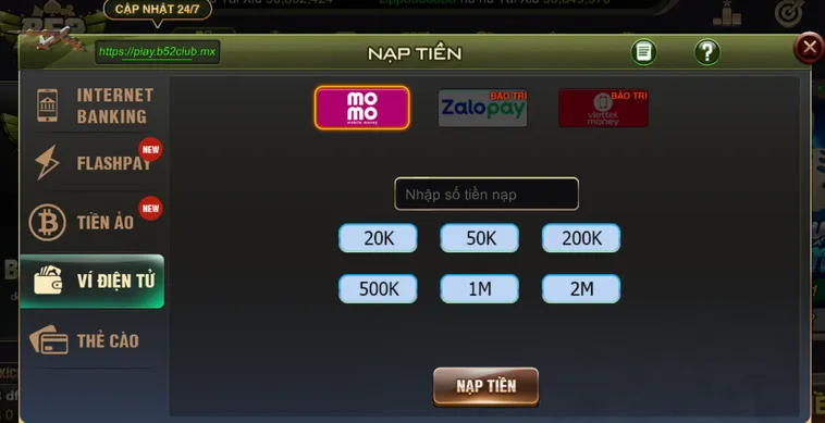 Nạp tiền momo nhanh chóng tiện lợi tại B52 Club.