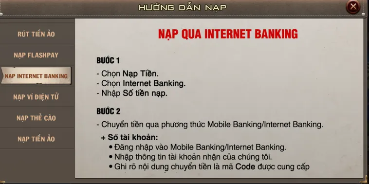 Hướng dẫn nạp tiền qua ngân hàng nội địa an toàn tại B52 Club.