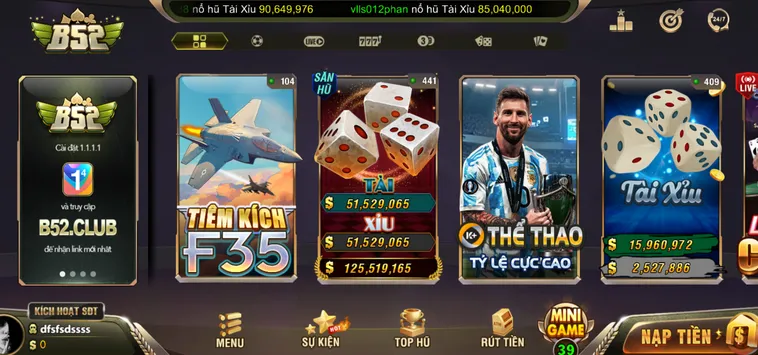 Sảnh game B52 Club giao diện hiện đại đa dạng thu hút người chơi.